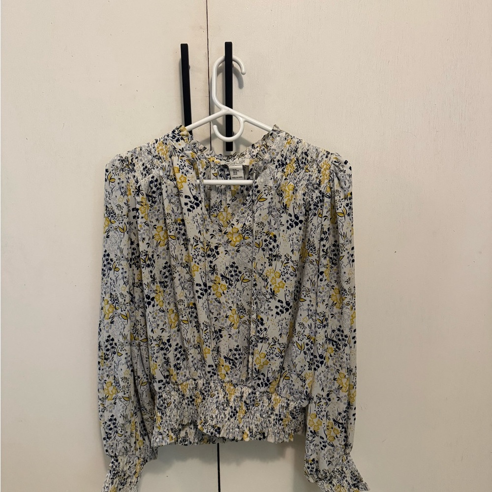 Rachel Zoe Gray and Yellow Ruffled Blouse with Peter Pan Collar